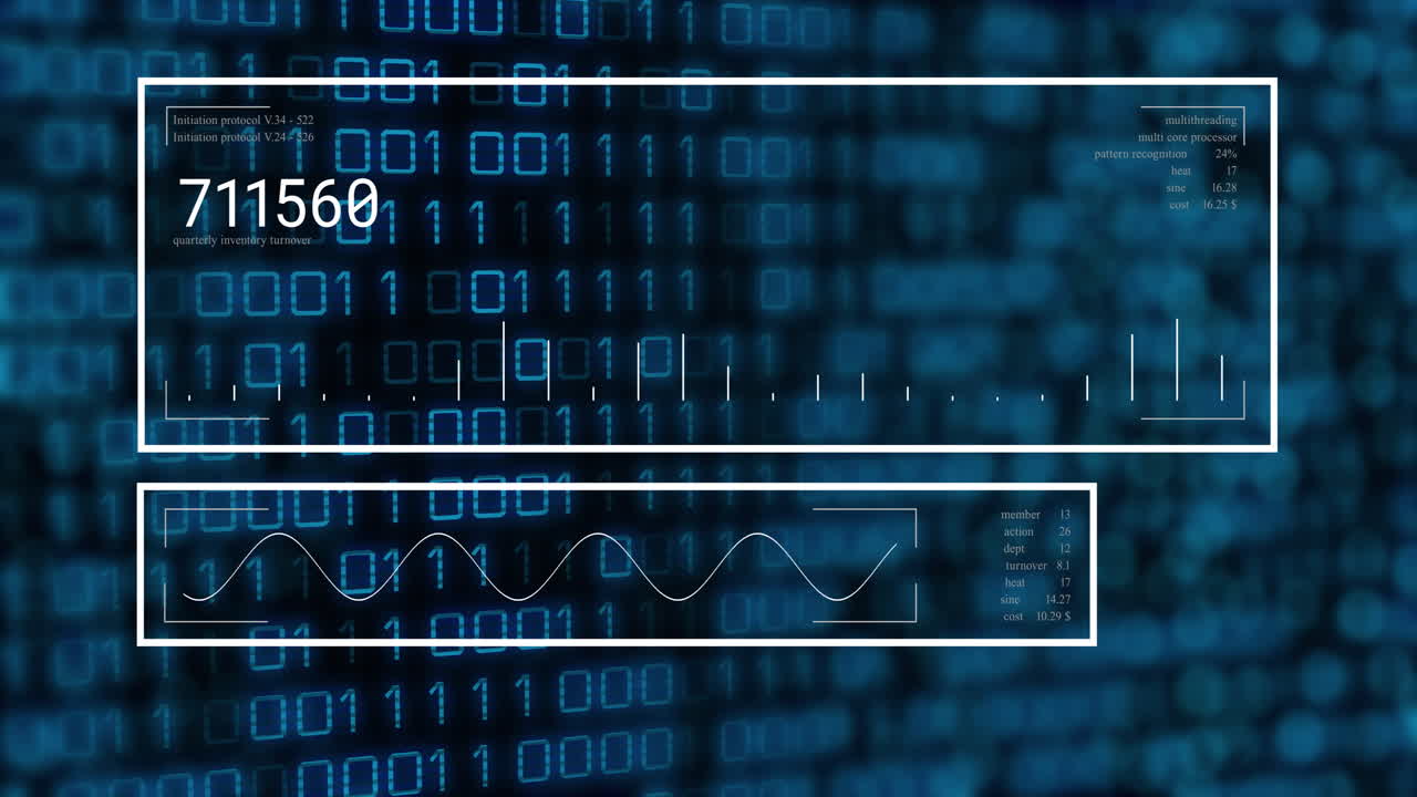 Binary code and data analysis animation over digital blue background