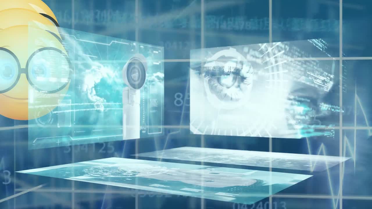 보안 카메라와 눈으로 화면 위에 이모티콘의 애니메이션