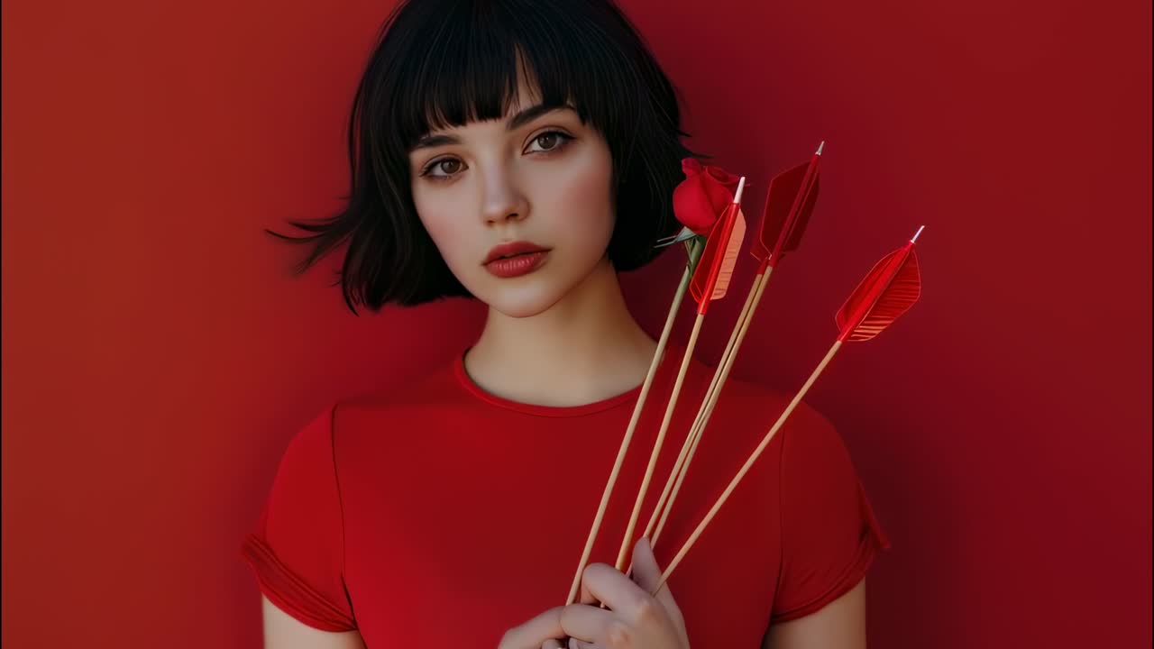 Fashionable young woman with bob haircut and red lipstick holding cupid arrows and a single red rose posing on a monochrome red background for Valentine's day or a romantic celebration