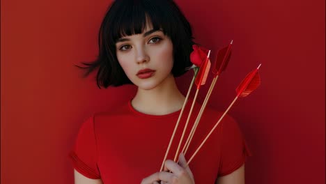 fashionable young woman with bob haircut and red lipstick holding cupid arrows and a single red rose posing on a monochrome red background for valentine's day or a romantic celebration