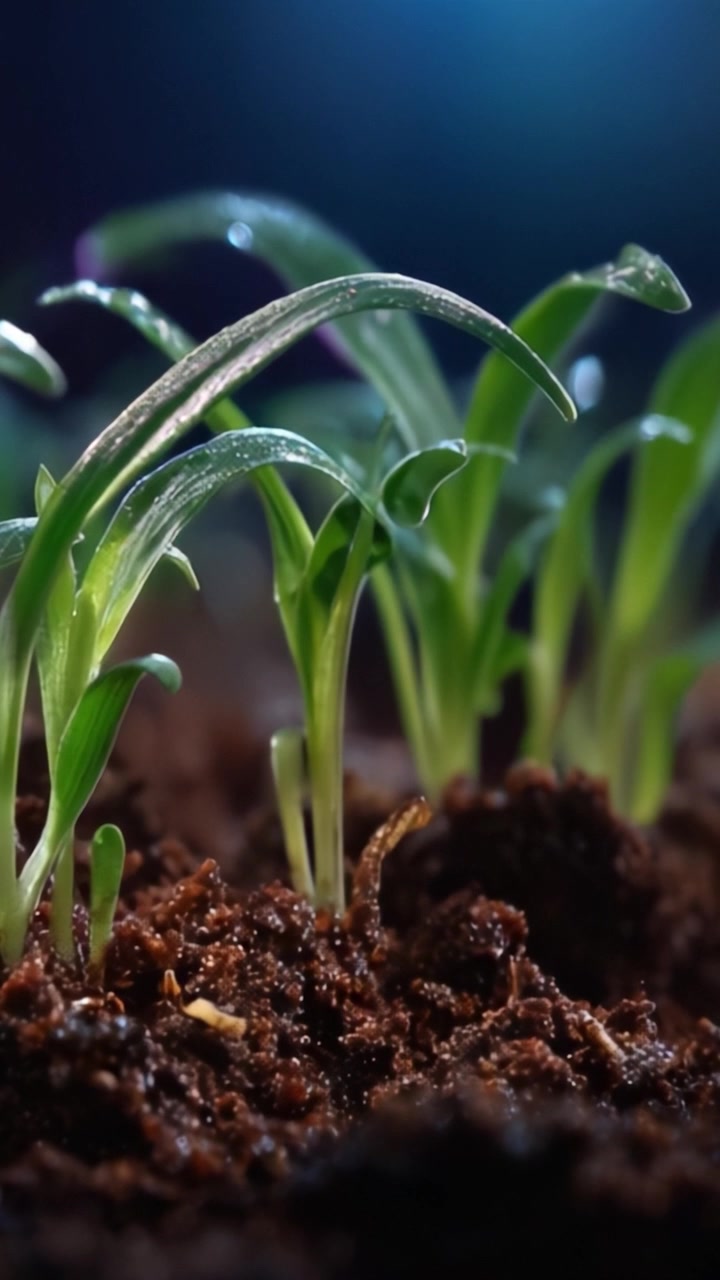 Primo piano di goccioline d'acqua che cadono su giovani piante verdi