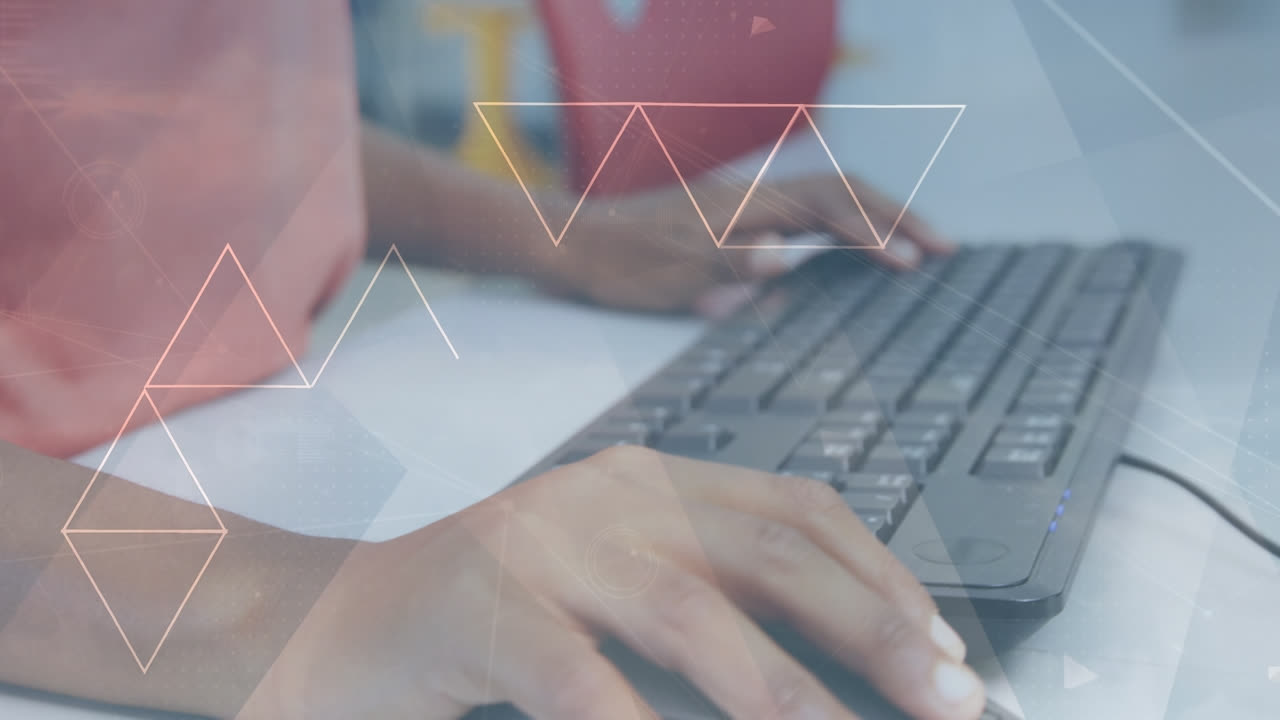 Abstract triangular shapes against mid section of a girl using computer at school