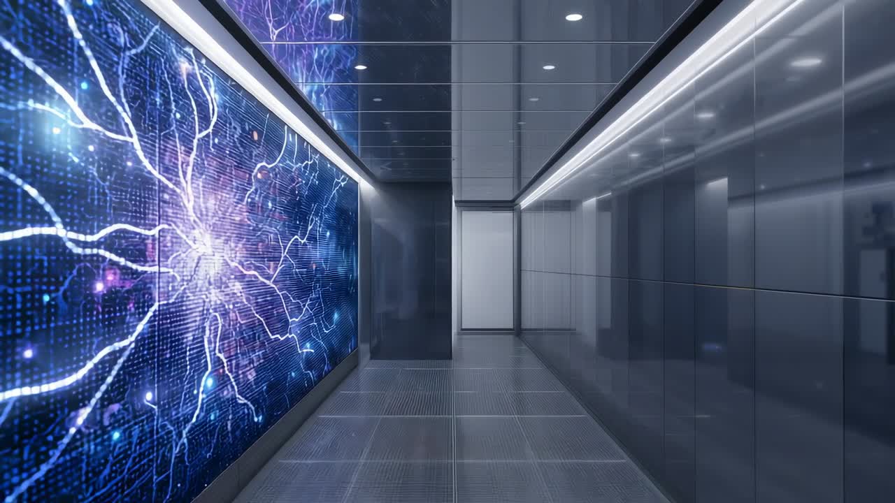 Panning camera shifting left from opening lab hallway, focusing pulsing digital panel, copy space