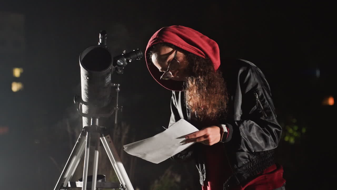 Nächtlicher Astronom, der mit einem Teleskop den Himmel absucht, roter Hoodie und Bart, Sternkarten hält und das Okular einstellt, Bokeh der städtischen Lichter, konzentriertes Studium und stilles Staunen während der nächtlichen Beobachtung