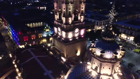 Drone-approach-to-the-dome-and-bell-towers-of-the-Morelia-Cathedral