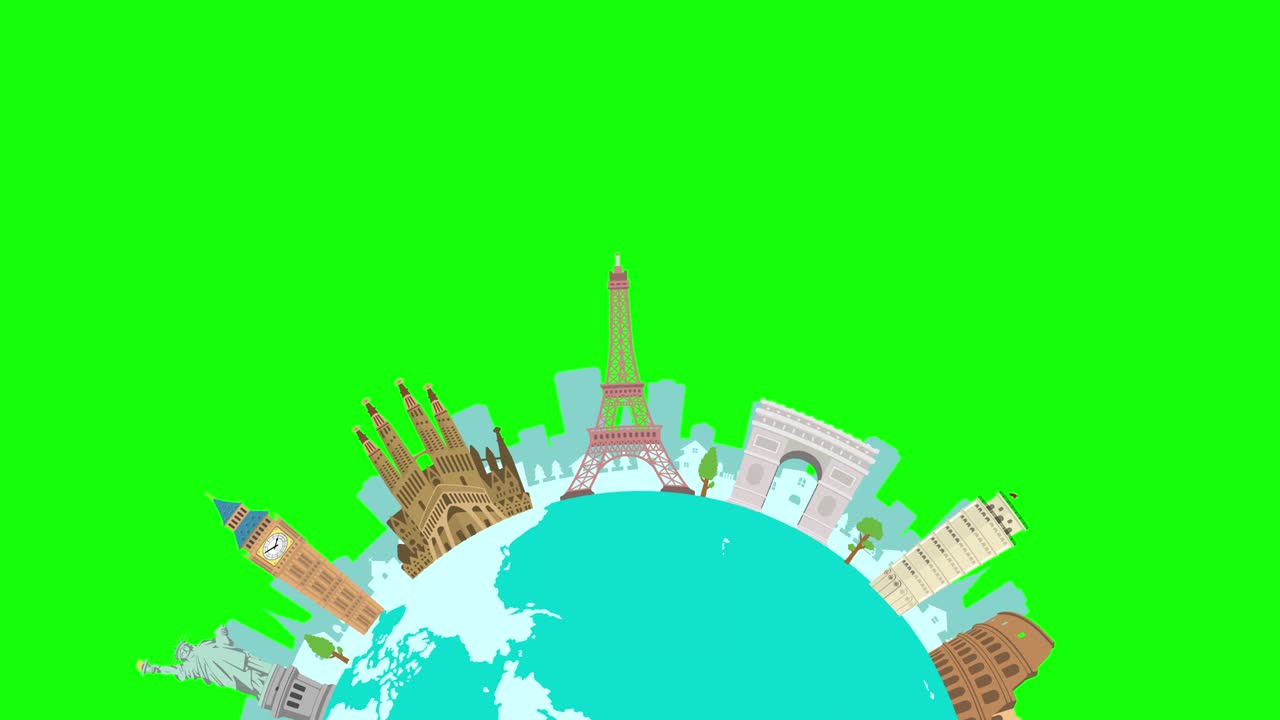 Reise-, Urlaubs-, Sightseeing-Animationsbanner (4K). Weltkulturerbe und weltberühmte Gebäude. Grüner Hintergrund für transparente Nutzung.