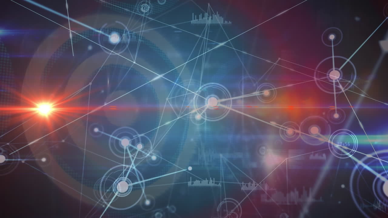 Animation of red light spot and network of connections over data processing against blue background