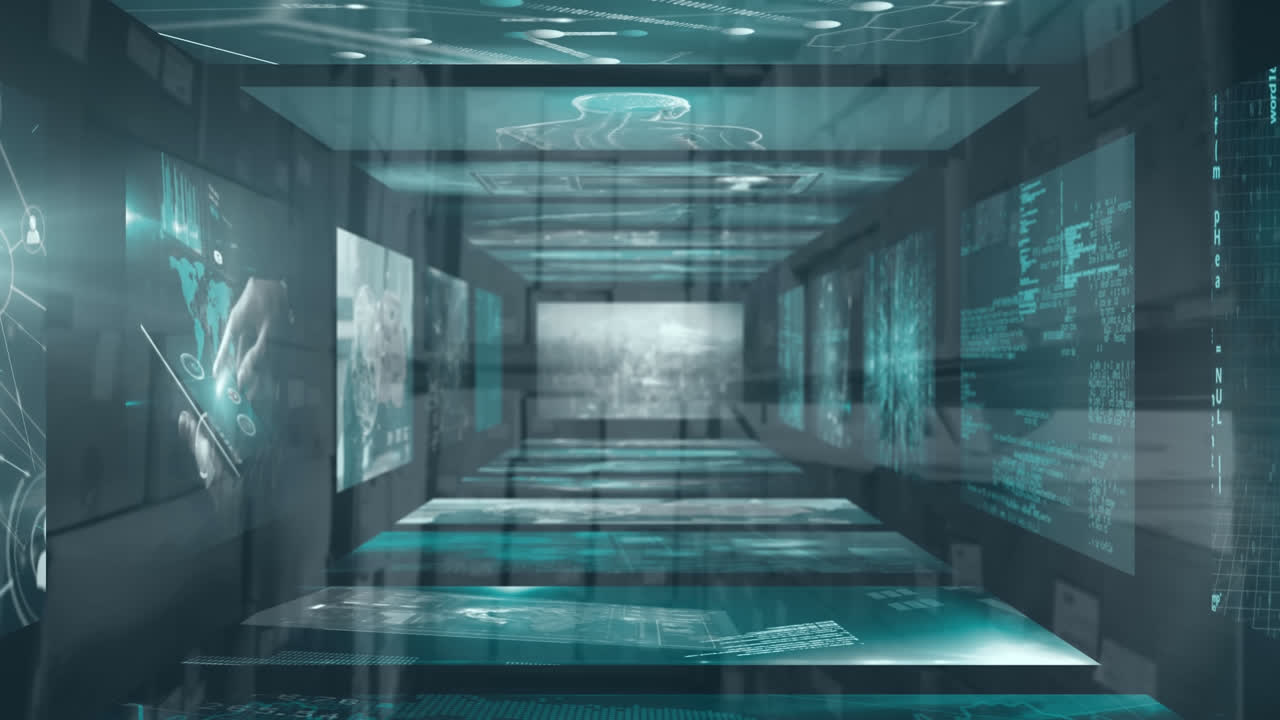 창고 위의 스크린에서 데이터 처리의 애니메이션