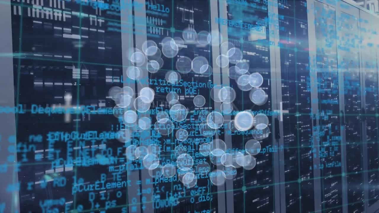 Animation of globe of digital icons, data processing and light spot against computer server room