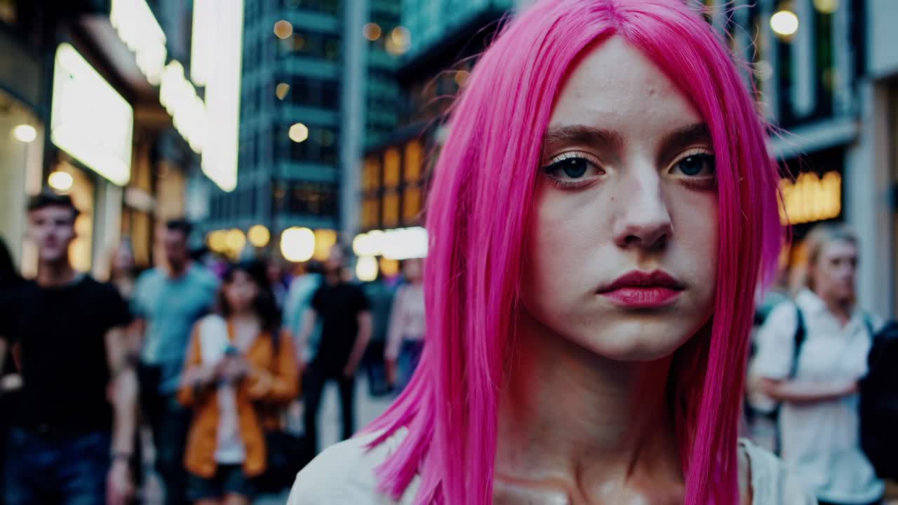 Gatevideo med fokus på en kvinne med rosa hår som går i en folkemengde.
