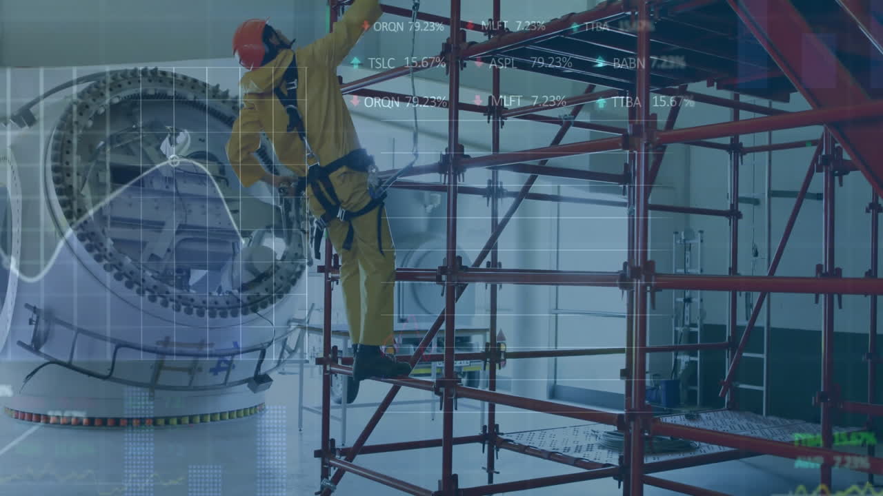 스카폴딩이 있는 산업 시설의 노동자에 대한 주식 시장 데이터 애니메이션