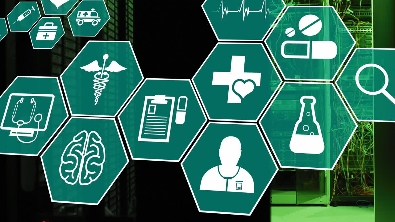 animação de ícone flutuante em hexágonos sobre a sala do servidor em segundo plano.