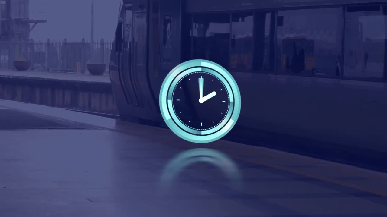 Animation of clock moving fast over train