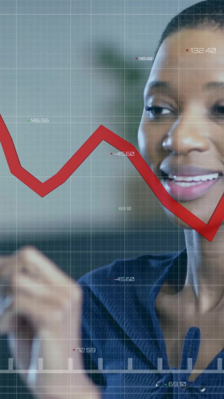 Animation of financial data processing over african american businesswoman working in office