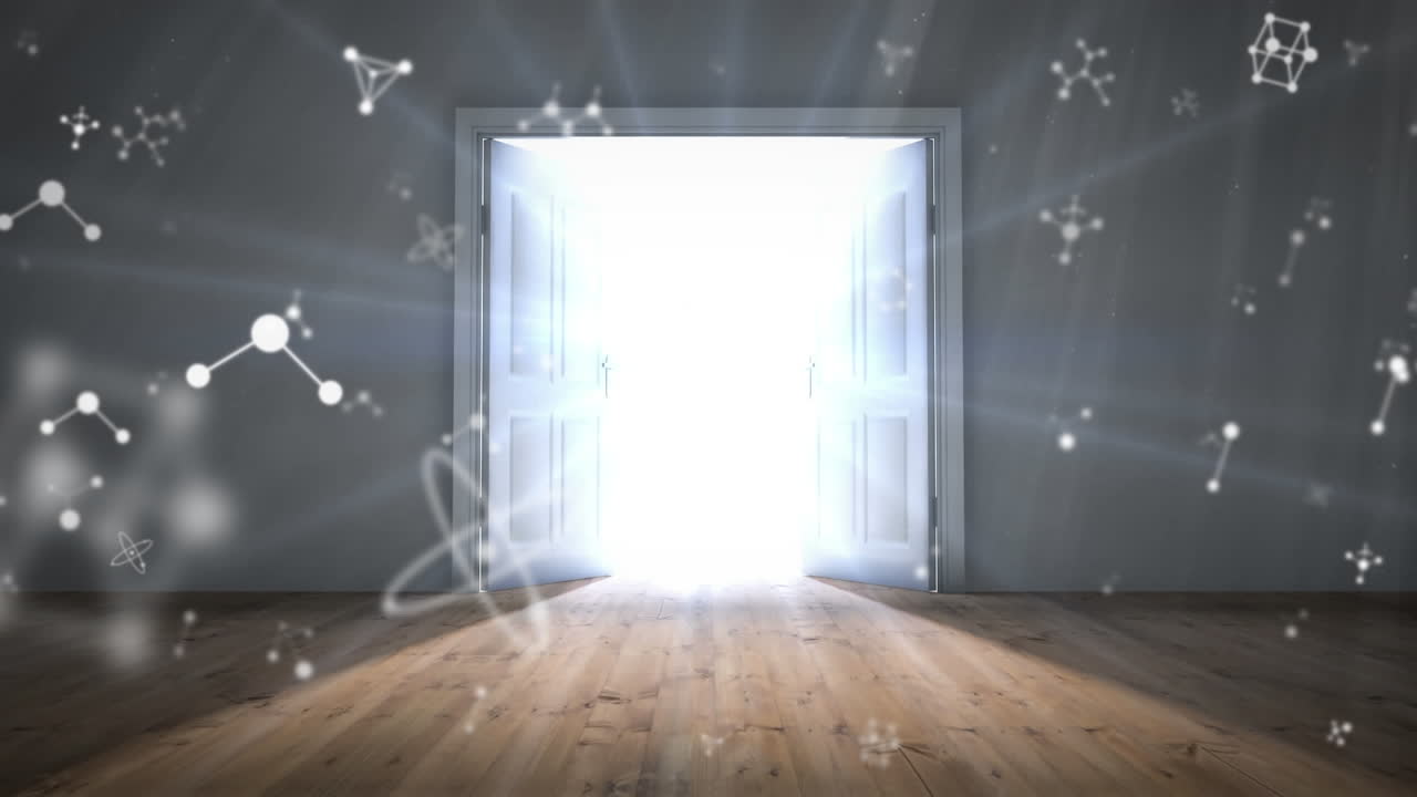 개방된 문 위로 움직이는 분자의 애니메이션.