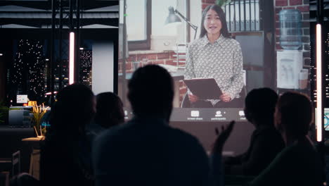 diverse company staff joining a video call online with the ceo late at night