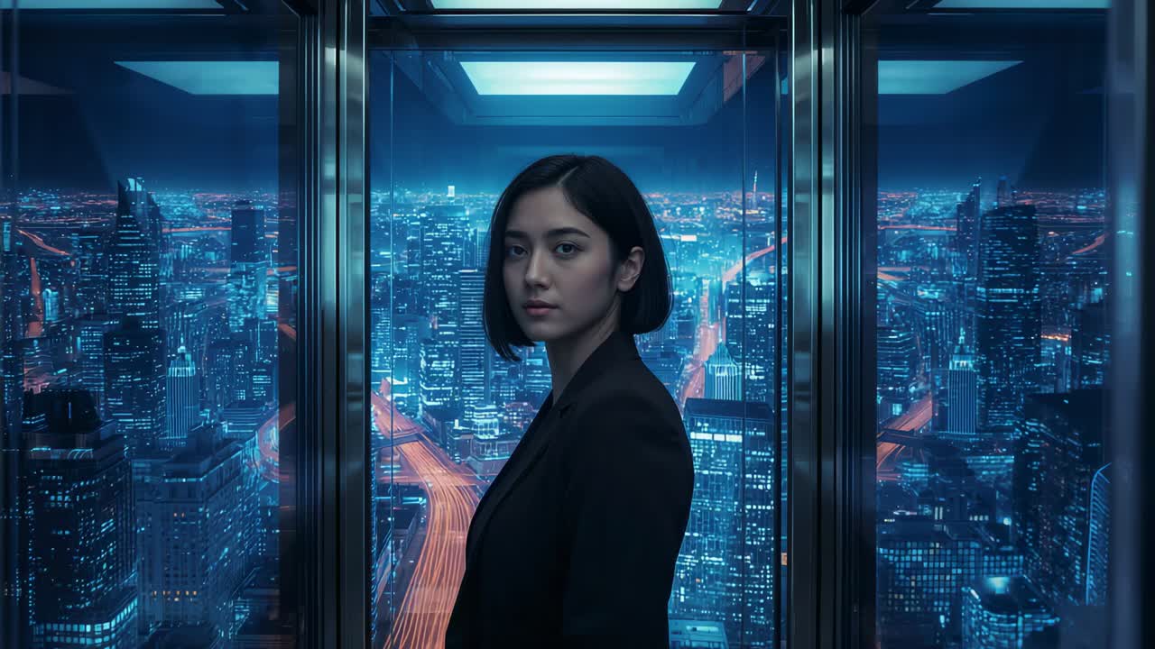 Adjusting Asian woman in black blazer turning gaze to camera in glass elevator, with city skyline