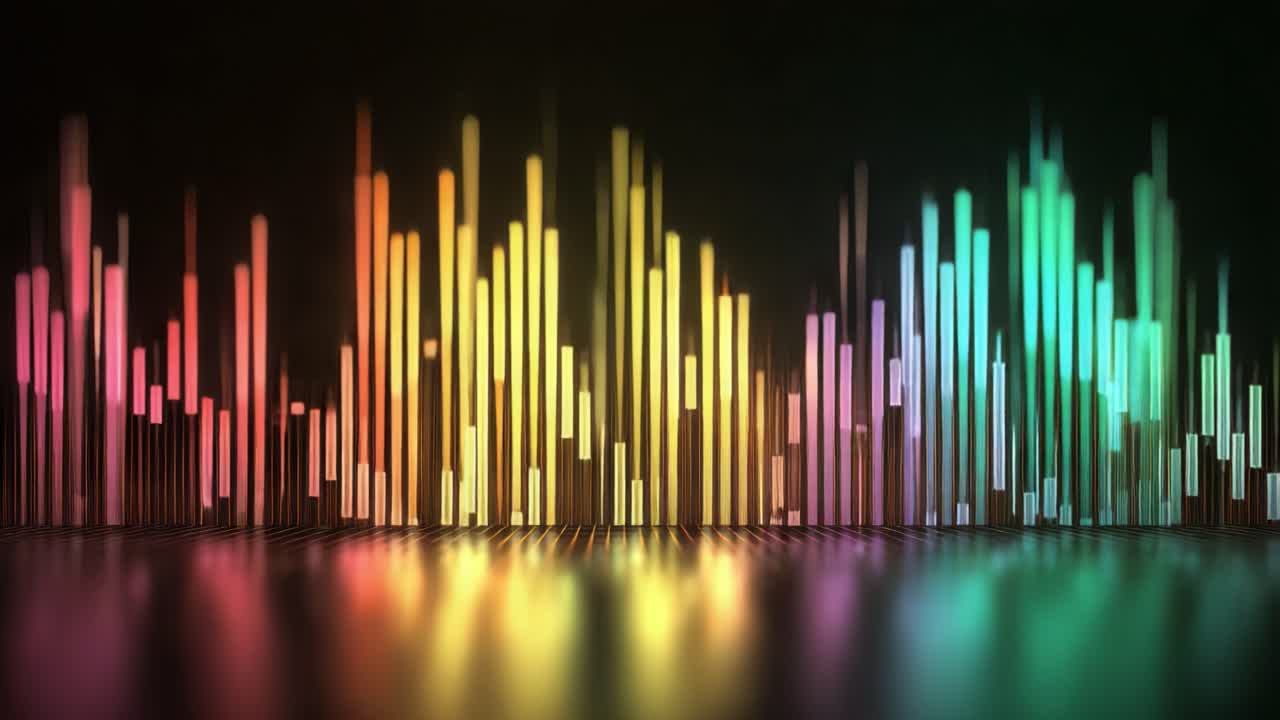 Dynamic Abstract Visualization of Sound Waves with Vibrant Colors and Pulsating Bars, Creating a Striking Contrast Against a Dark Background in a Modern Artistic Style