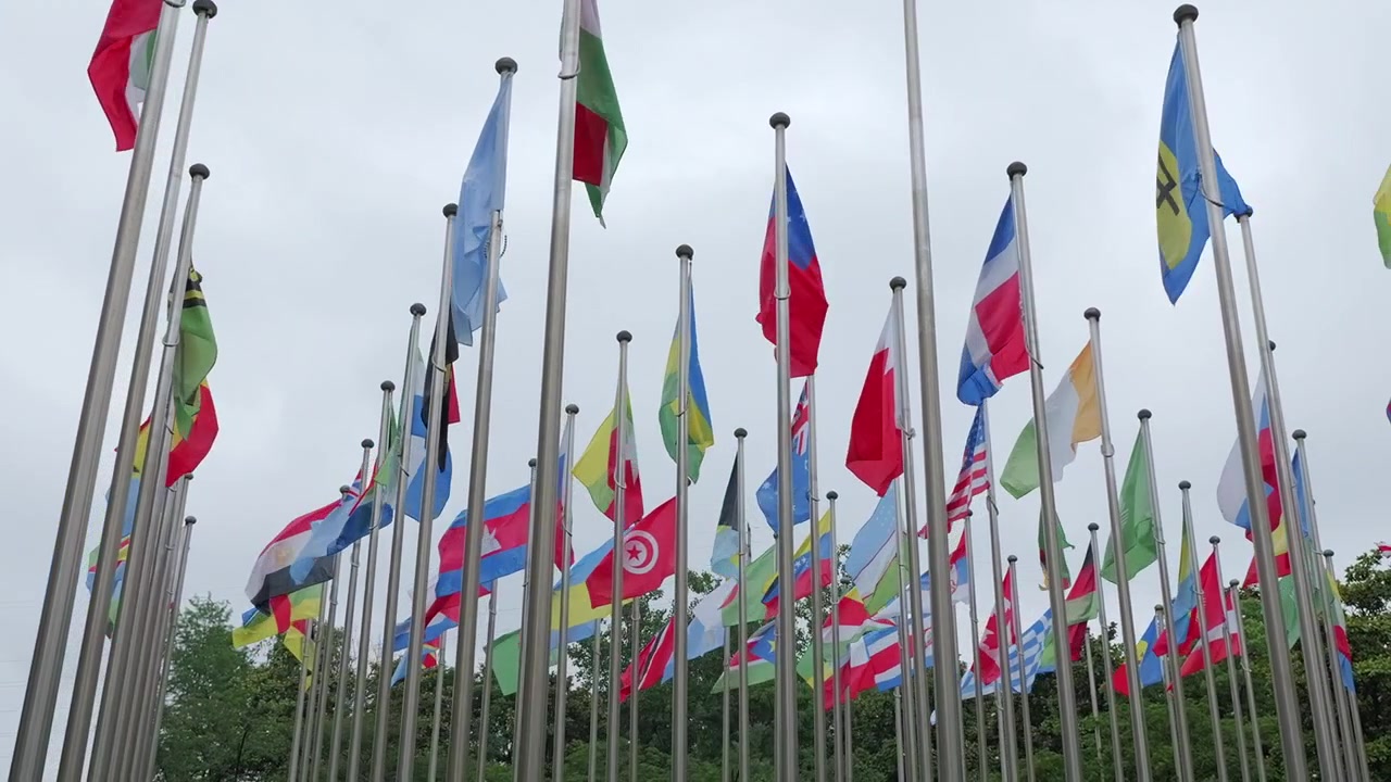 旗竿でなびく国旗のスローモーションクローズアップ