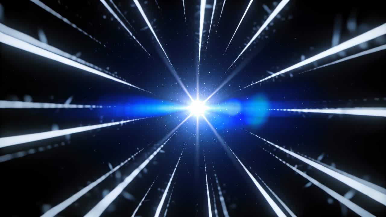 Sparking central light sending radial beams across void with blue flare and sparks, implying motion