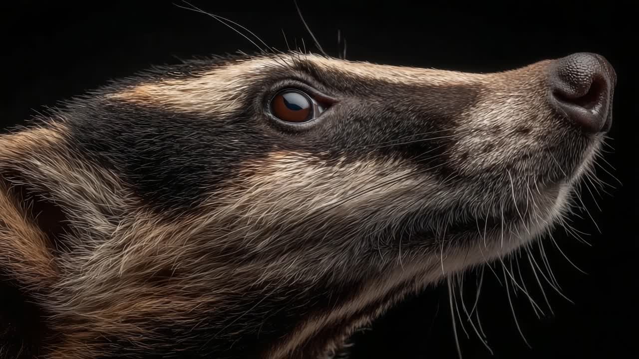 Ritratto Ravvicinato di un Animale a Strisce con Intricata Texture del Pelo e Occhi Espressivi su Sfondo Scuro