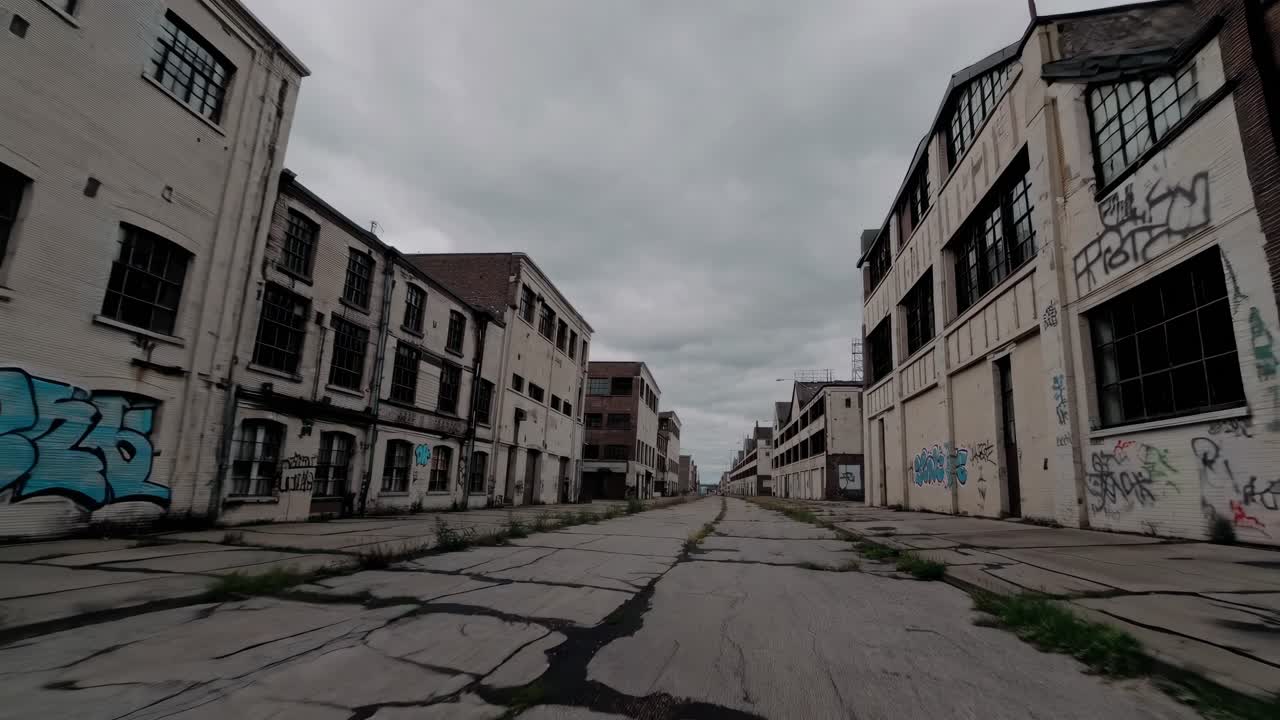 Abandoned urban street scene with cracked pavement and graffiti-covered buildings, showcasing the gradual transition of an empty industrial area in a moody atmosphere