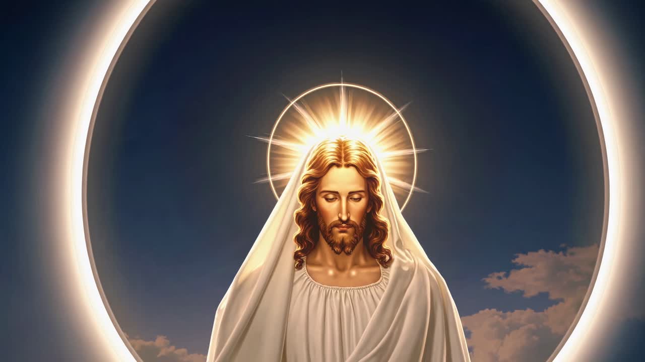 Il video mostra una serena rappresentazione di una figura radiosa con un'aureola, sottolineando la presenza divina