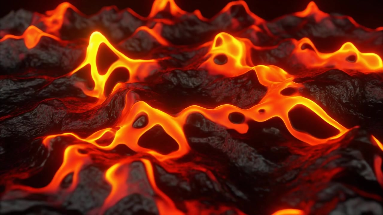 Abstrakt 3D-animation af smeltet lava, der flyder over mørk sten