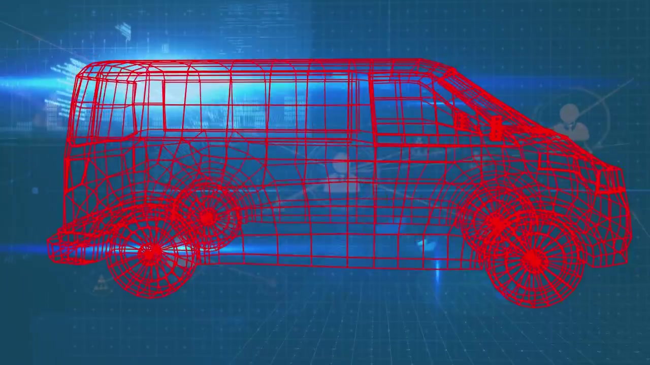 Animation eines rotierenden Automodells, Datenverarbeitung und ein Netzwerk von Verbindungen auf blauem Hintergrund