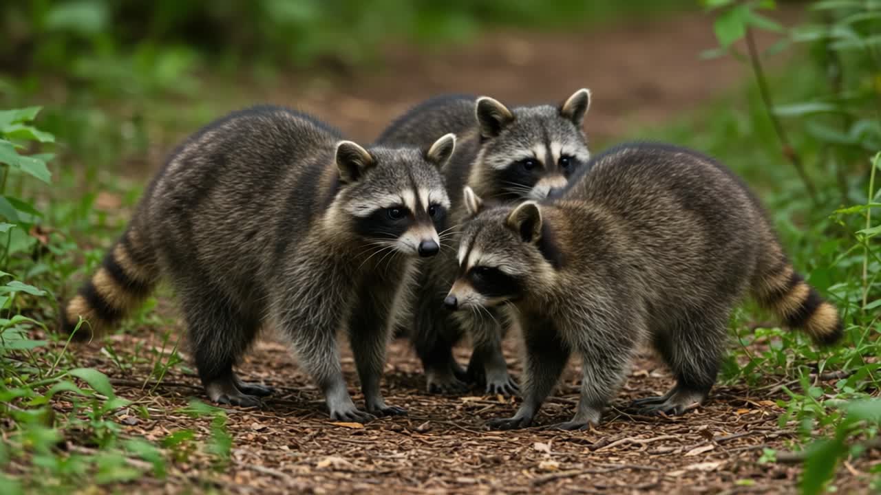 Three Playful Raccoons Exploring a Woodland Path Surrounded by Lush Greenery and Natural Beauty in Their Wild Habitat