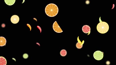 citrus fruit slices falling on black background