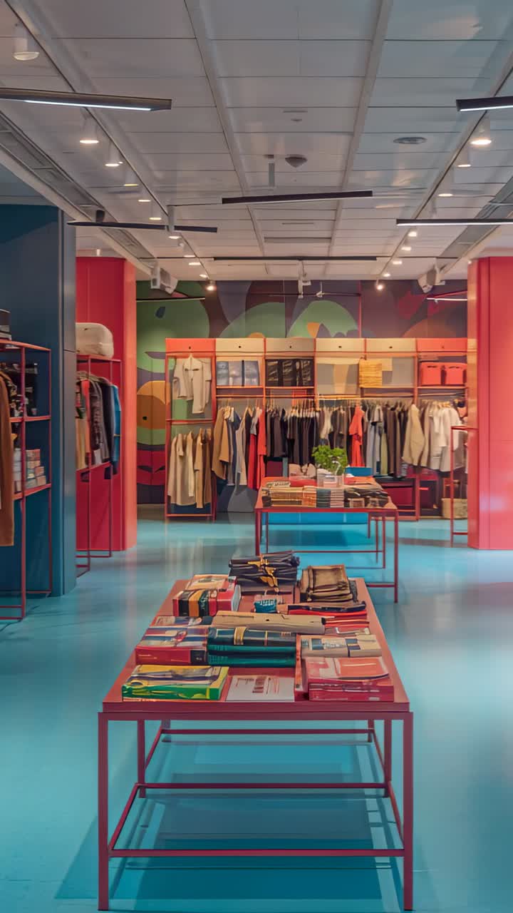 Lodret video: Kamera ruller fra indgangen mod centralt bord i butik, der afslører et vægmaleri.
