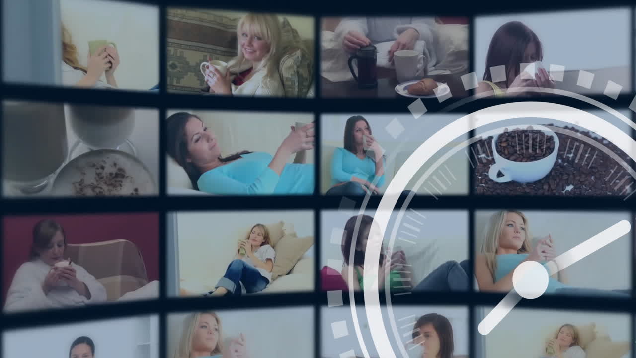 animación de reloj moviéndose sobre pantallas digitales con personas bebiendo café