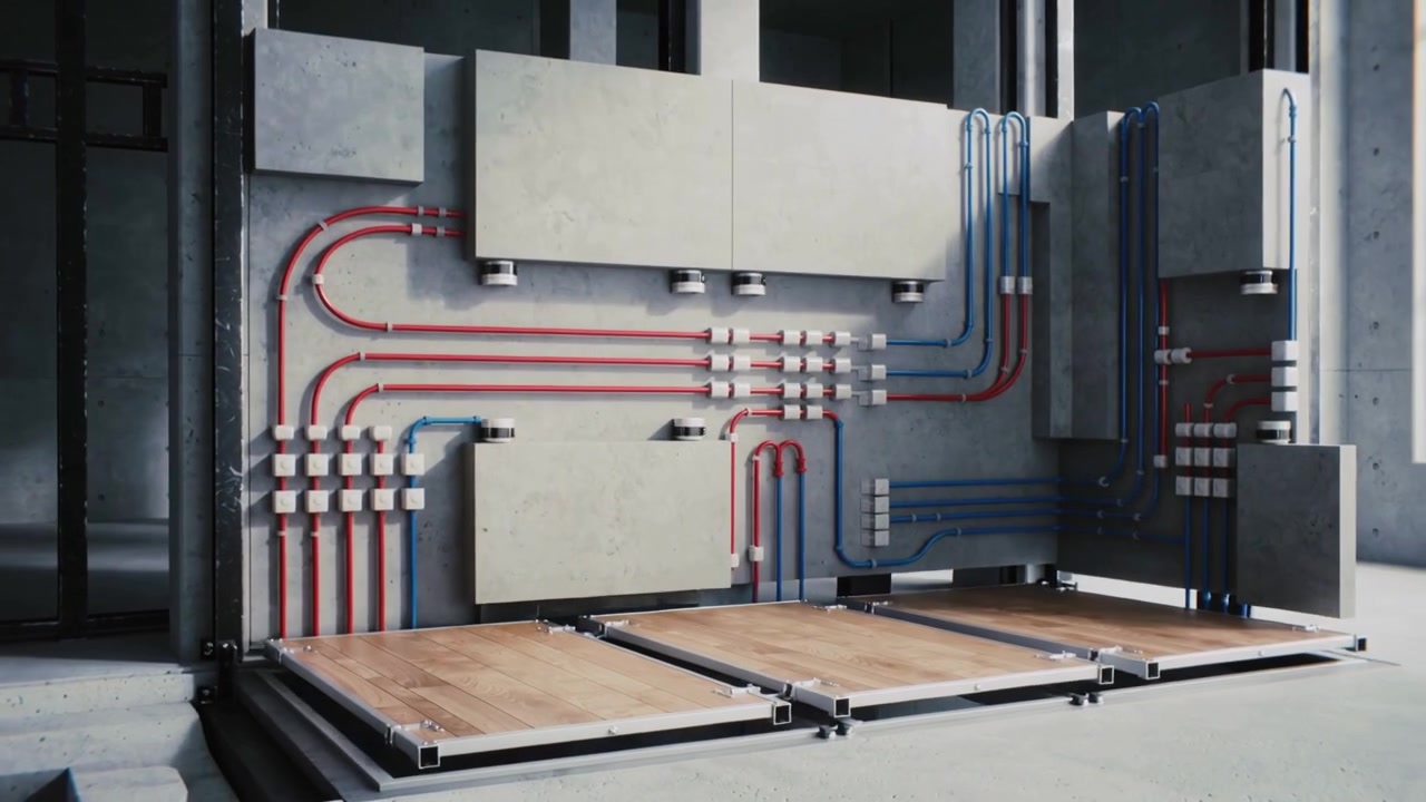 Sliding via track drive, floor panels and system revealing trench in concrete room, red blue LEDs