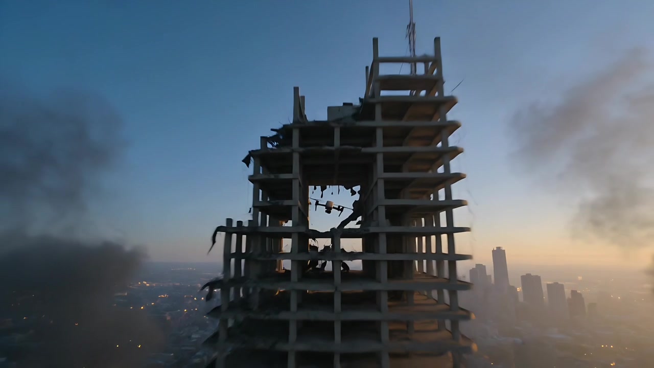 Pulling back camera, quadcopter drone flying out from damaged high-rise at dusk, skyline and smoke