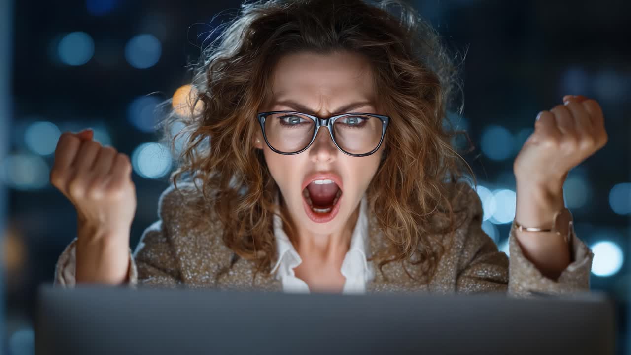 Intense Frustration: A Powerful Emotional Reaction from a Woman Engaged with Her Computer Late at Night, Capturing the Struggles of Modern Technology