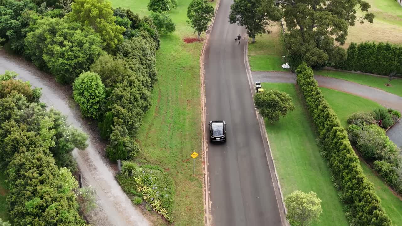 A car navigates through winding suburban streets lined with lush greenery and residential homes.