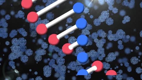 estructura del adn y células de covid-19 contra un fondo negro