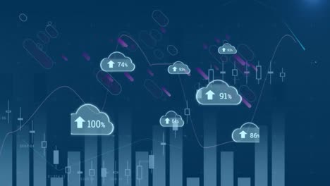 animación de nubes con número creciente sobre gráfico y líneas púrpuras