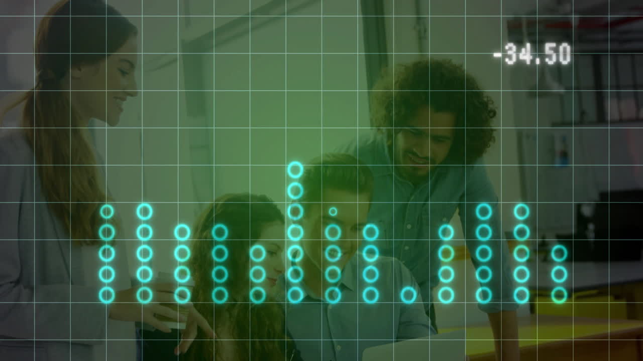 equipo colaborando en animación de ecualizador de sonido digital con visualización numérica