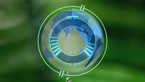 Animation-of-neon-round-scanner-over-spinning-globe-against-water-drop-falling-on-green-grass