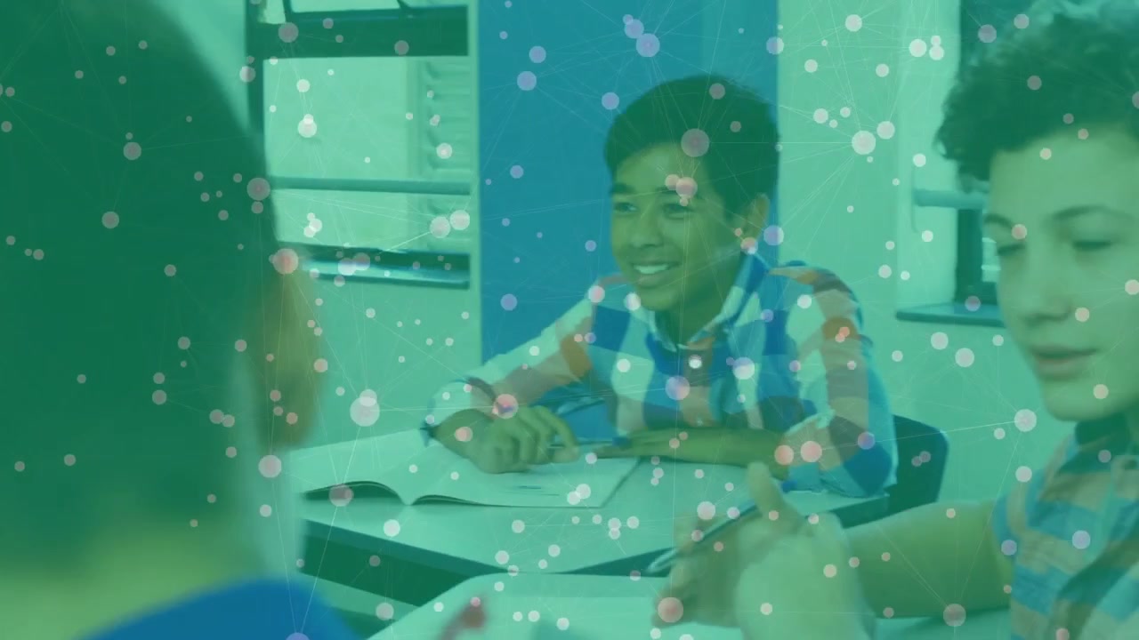 Animation of connected dots over multiracial students discussing in classroom at school