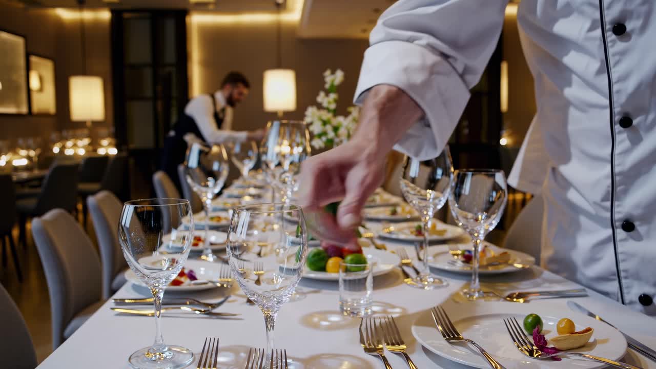 Chef arranging glassware and cutlery on an elegant table setting in a luxury restaurant, preparing for a special event or fine dining experience, with another waiter working in the background