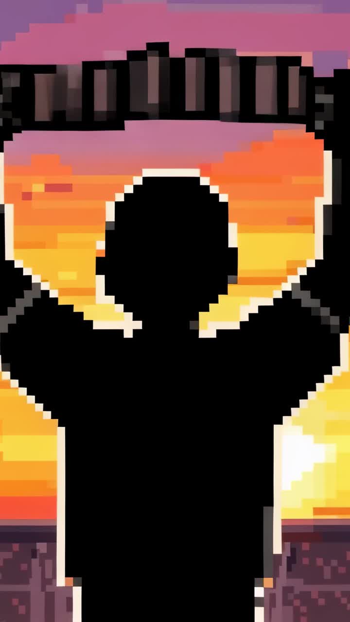 Video verticale: Tifoso pixel-art con maglietta a maniche corte che saluta, tiene una sciarpa e esulta allo stadio al tramonto