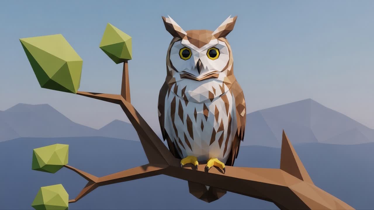 A Stunning Low-Poly Owl Perched on a Branch Surrounded by Geometric Foliage Against a Serene Background, Capturing Intricate Details and Artistic Design