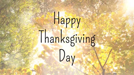 animation of happy thanksgiving day text over trees in park