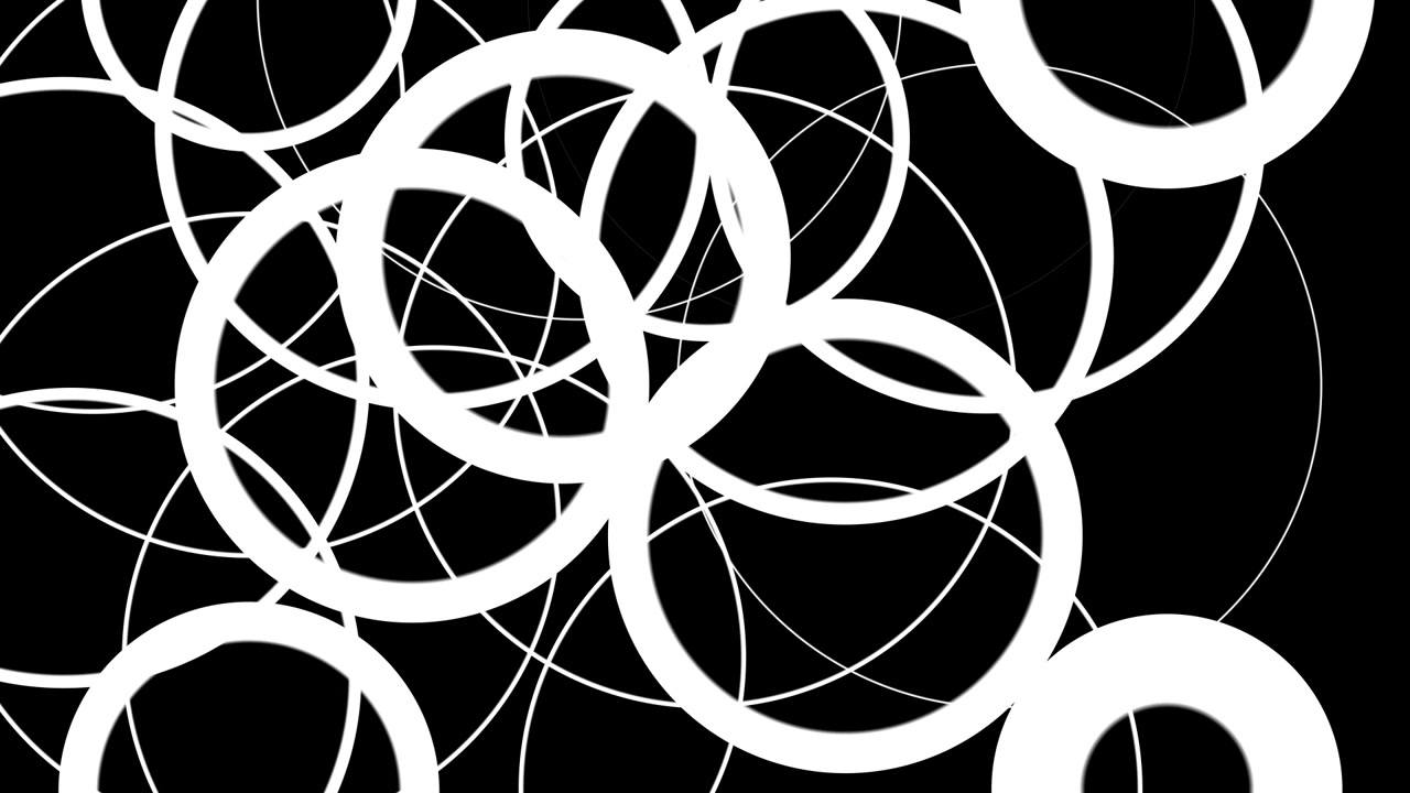 Abstracte animatie van uitdijende en overlappende witte cirkels op zwarte achtergrond