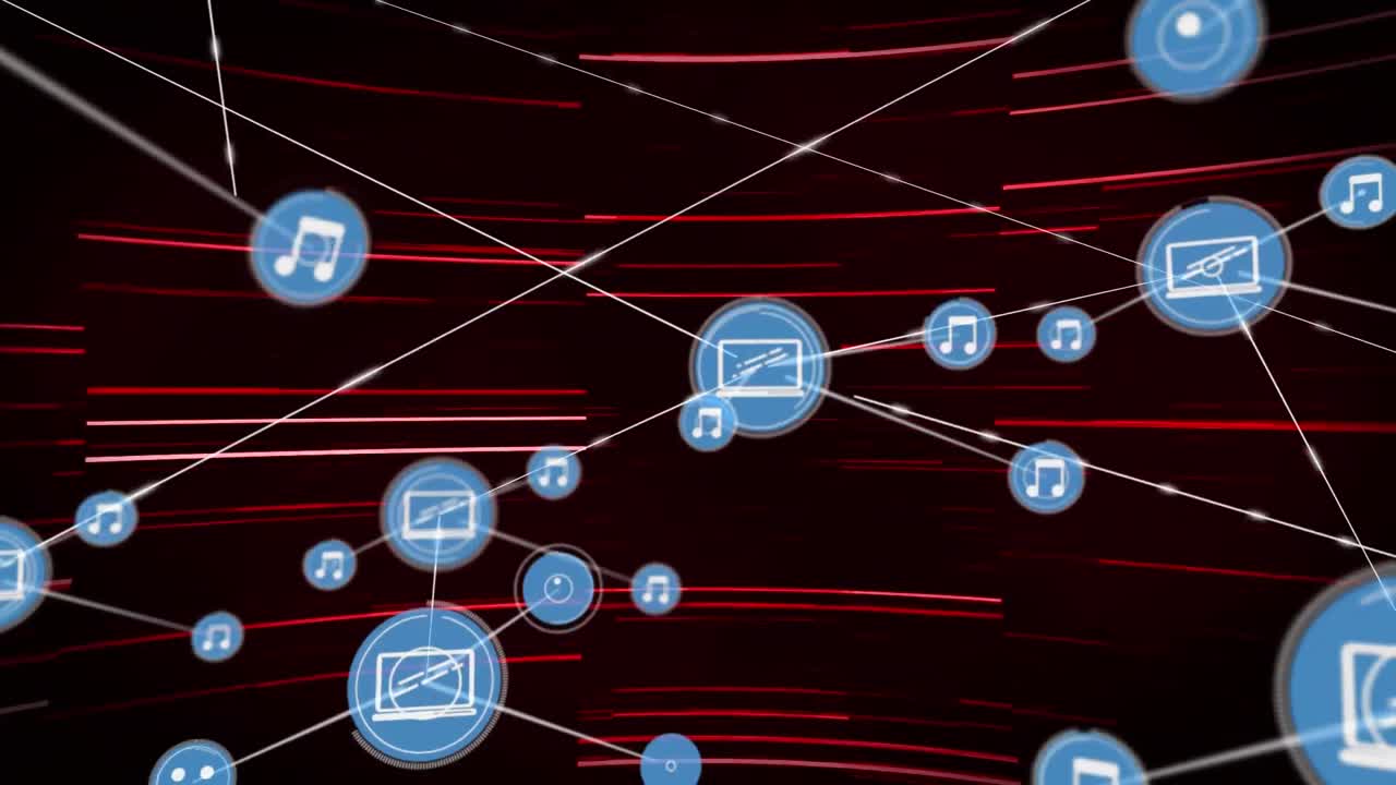 Animation of growing network of media icons, over red lines, on black