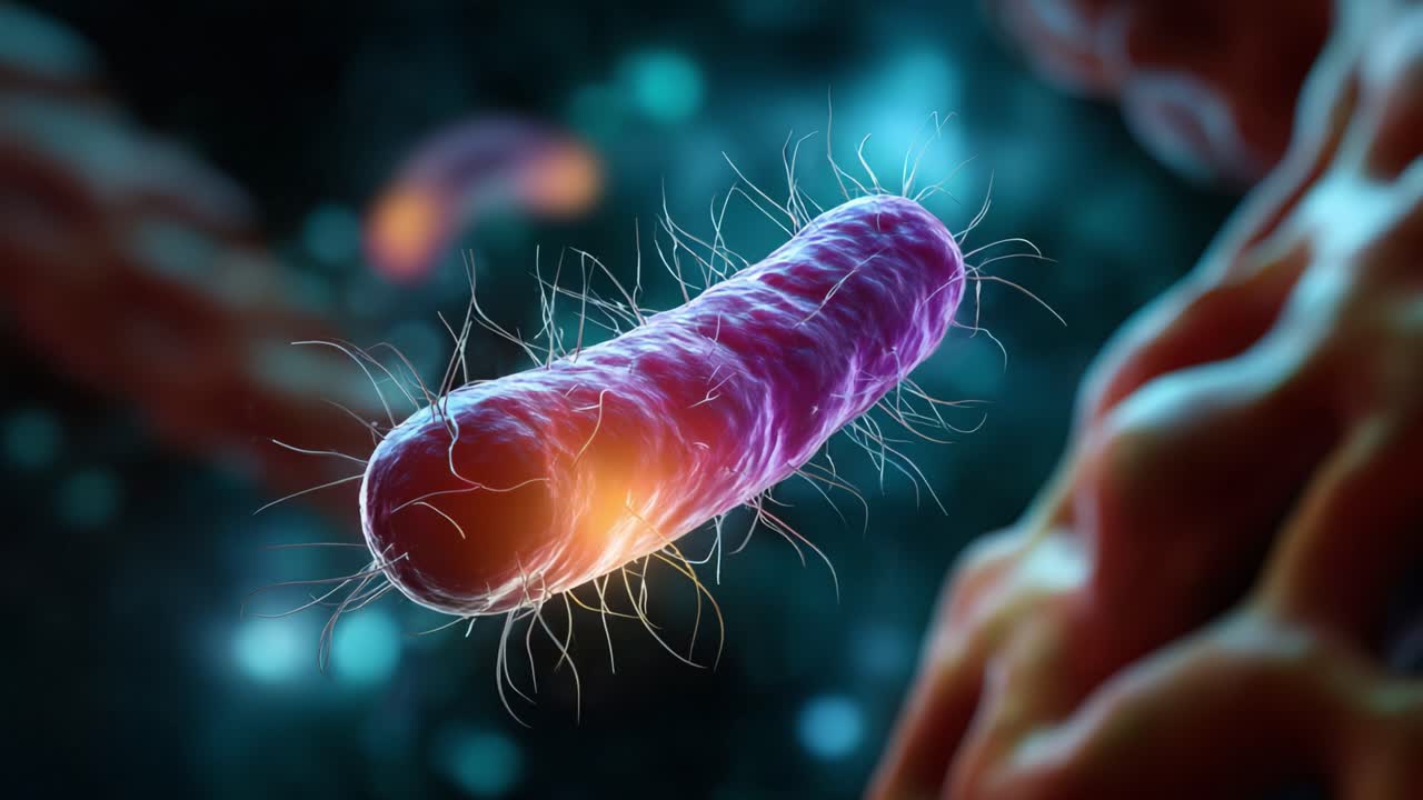 Magnified Visualization of Bacteria with Vibrant Colors, Showing Cellular Structure and Pili in a Microscopic Environment, Illustrating Microbial Life Forms