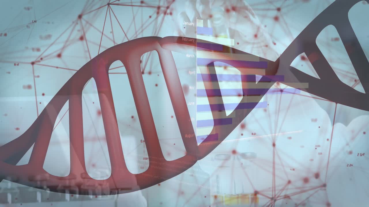 Animazione di filamento di DNA e rete di connessioni su scienziato in laboratorio